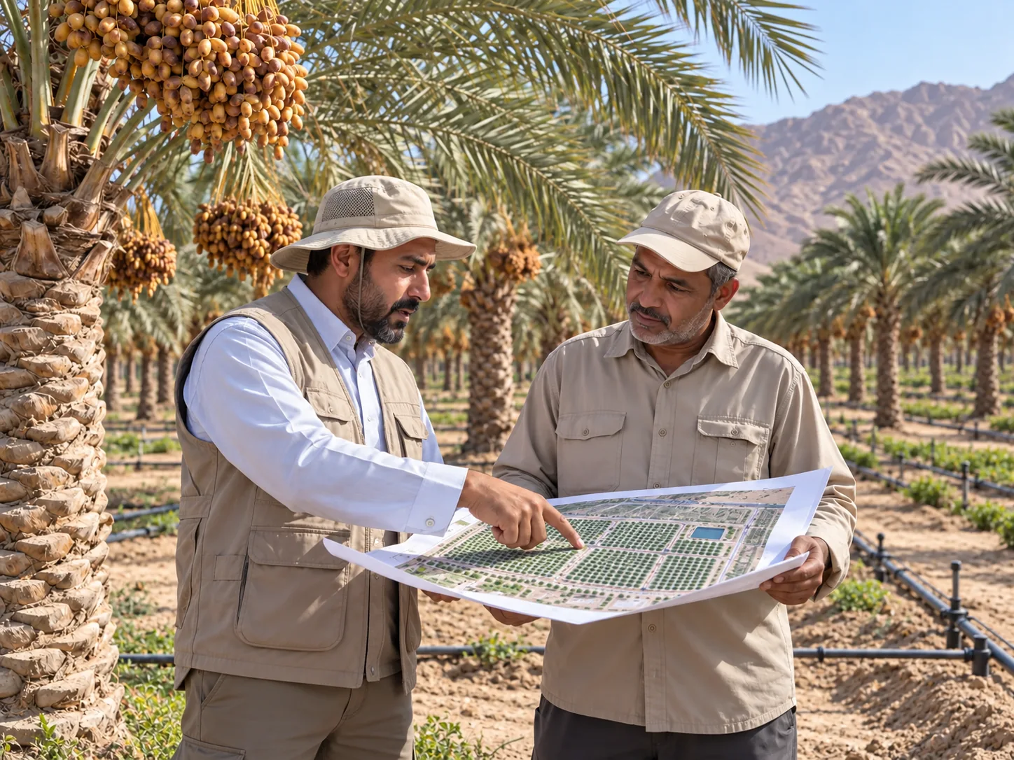 Two agricultural professionals discussing a farm plan in an orchard