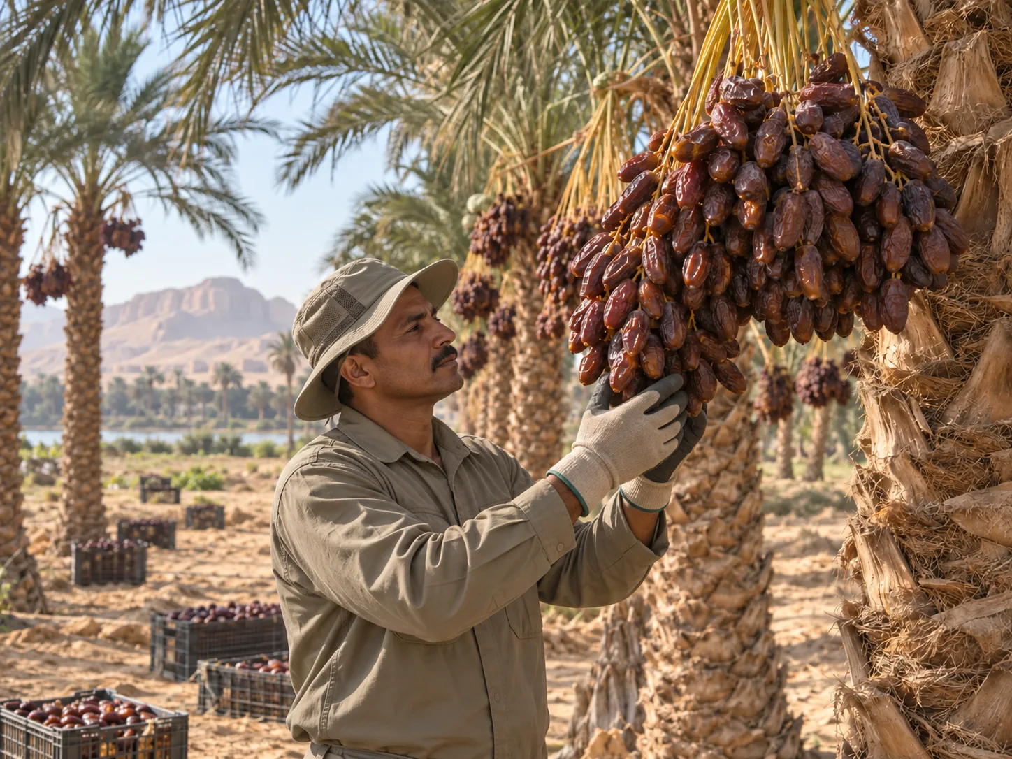 Medjool date palm grower inspecting a date cluster